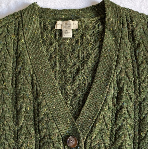 Appleseeds Quality Petite Large V-neck Cardigan Donegal Braided Green Wool Blend - Picture 11 of 13